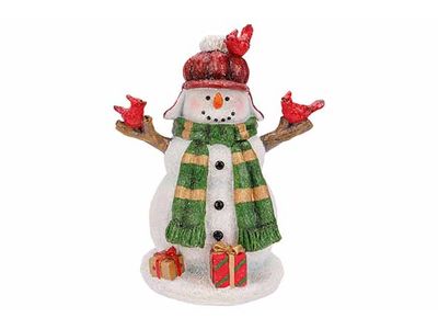Sneeuwman With Birds Rood Wit 18x13xh21c M Polyresin