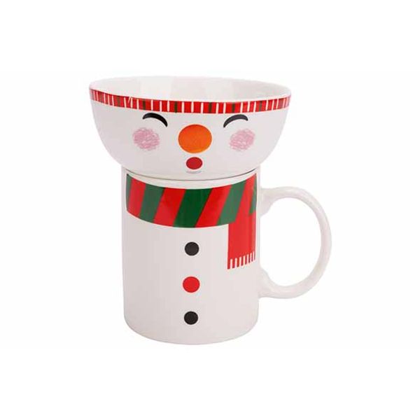 Cosy @ Home Giftset Set2 Mug And Bowl Snowman Rood W It 11,5x11,5xh13cm New Bone China