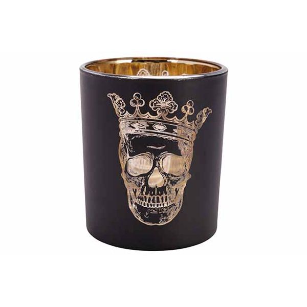 Theelichthouder Skull Zwart Goud 7x7xh8c M Glas 