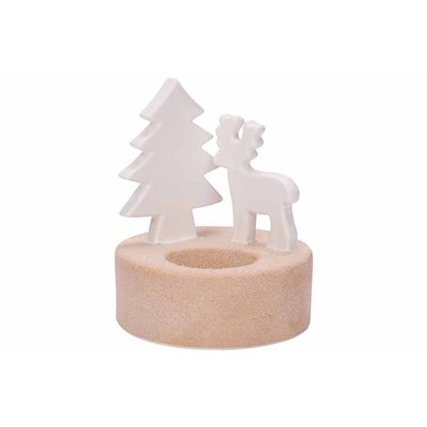 Theelichthouder Tree And Deer Wit 10x10x H12cm Rond Keramiek 