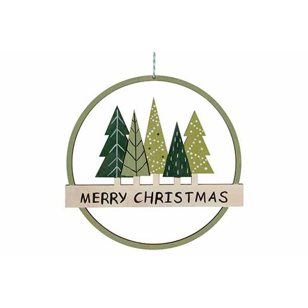 Hanger Merry Christmas Xmas Trees Groen 19,5x,5xh19,2cm Rond Hout 