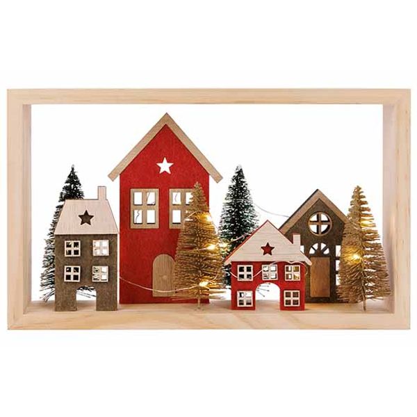 Tafereel Houses Incl. 2xcr2032 Batt Rood  16x6xh18cm Rechthoek Hout 