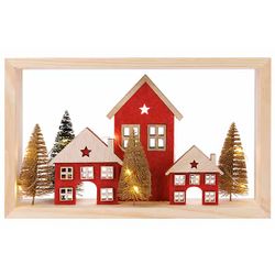 Tafereel Houses Incl. 2xcr2032 Batt Rood  16x6xh18cm Rechthoek Hout 