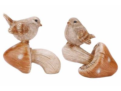 Vogel On Mushroom 2ass Bruin 11x6xh11cm Polyresin