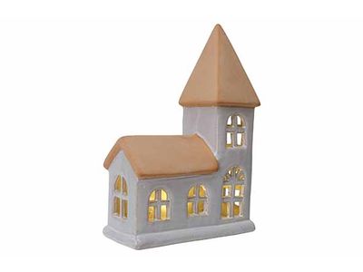 Kersthuis Chapel Incl. 2xlr44 Batt Glazed-tc Led Beige 14,7x7,6xh22,7cm