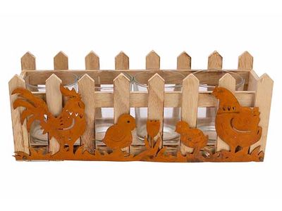 Bakje Rooster-chicks-hen Roest 24,5x8xh9 Cm Rechthoek Hout