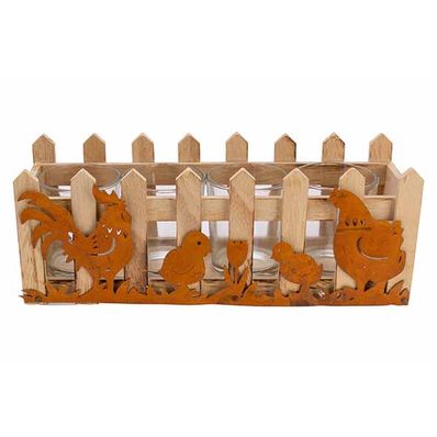 Bakje Rooster-chicks-hen Roest 24,5x8xh9 Cm Rechthoek Hout 