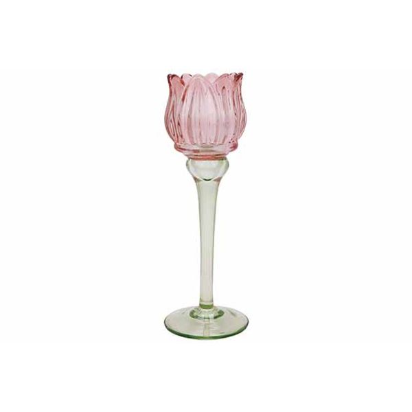 Theelichthouder Tulip Roze 8x8xh21,5cm G Las 