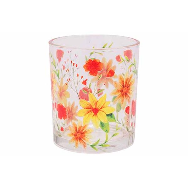 Cosy @ Home Theelichthouder Multicolor Flowers Trans Parant 9x9xh10cm Glas