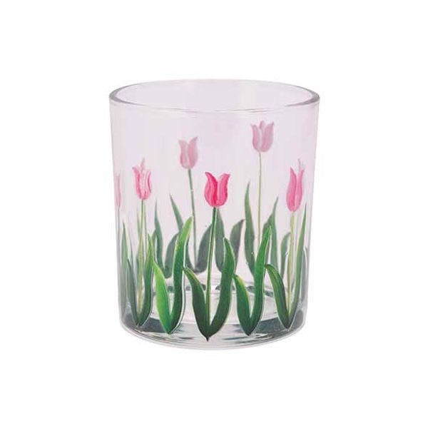 Cosy @ Home Theelichthouder Pink Tulips Transparant 9x9xh10cm Glas