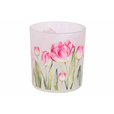 Theelichthouder Pink Flowers Wit D7 7x7x H8cm Glas 