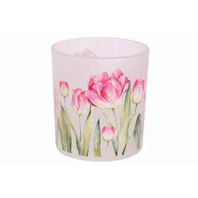 Theelichthouder Pink Flowers Wit D7 7x7x H8cm Glas  Cosy @ Home