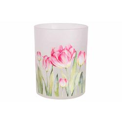 Cosy @ Home Theelichthouder Pink Flowers Wit 10x10xh 12,5cm Glas 