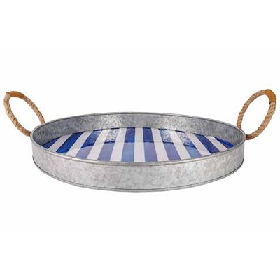 Plateau Stripes Blue Blanc 40x40xh4cm Ro Nd Metal  Cosy @ Home