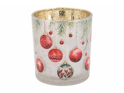 Theelichthouder Xmas Balls  Rood Wit 7x7 Xh8cm Glas