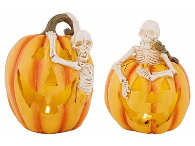 Pompoen Wit Skeleton And Light 2ass Oran Je 13x13xh16cm Polyresin Incl 2 Lr44 Ba