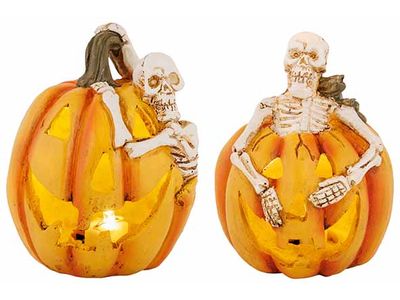 Pompoen Wit Skeleton And Light 2ass Oran Je 9x9xh12cm Polyresin Incl 2lr44 Batt