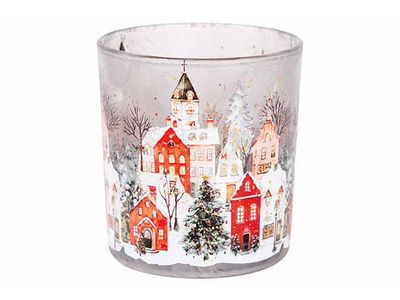 Theelichthouder Winter Village Rood Wit 7,3x7,3xh8cm Rond Glas