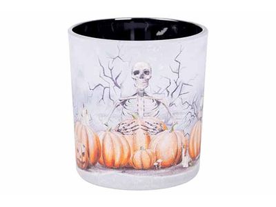 Theelichthouder Skeleton Pumpkin Oranje 7,3x7,3xh8cm Rond Glas