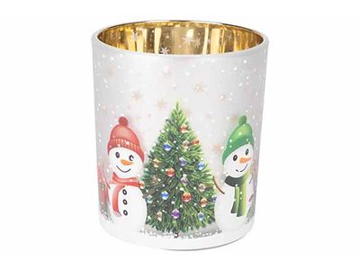 Theelichthouder Snowman Zilver 9x9xh10cm  Rond Glas