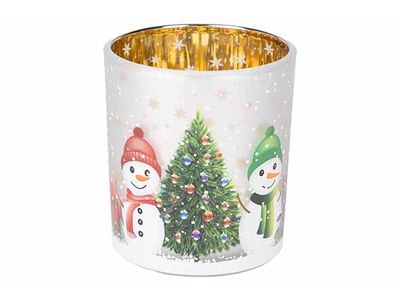 Theelichthouder Snowman Zilver 7x7xh8cm Rond Glas
