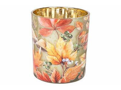 Theelichthouder Leafs Orange Groen 9x9xh 10cm Rond Glas