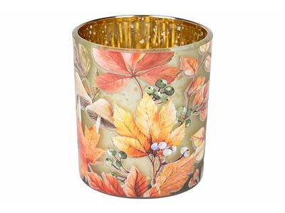 Theelichthouder Leafs Orange Groen 7x7xh 8cm Rond Glas