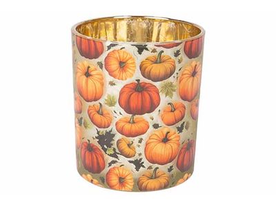 Theelichthouder Pumpkin Orange Groen 9x9 Xh10cm Rond Glas