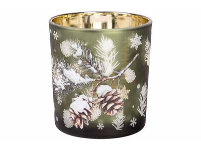 Theelichthouder Pine Cone Groen 7,3x7,3x H8cm Rond Glas