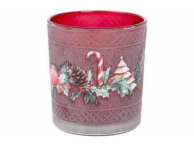 Theelichthouder Xmas Deco Bordeaux 7,3x7 ,3xh8cm Rond Glas