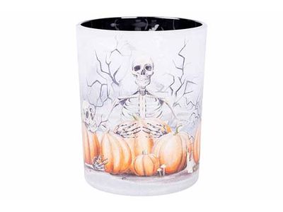 Theelichthouder Skeleton Pumpkin  Oranje  10x10xh12,5cm Rond Glas