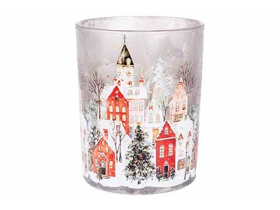 Theelichthouder Winter Village Rood Wit 10x10xh12,5cm Rond Glas