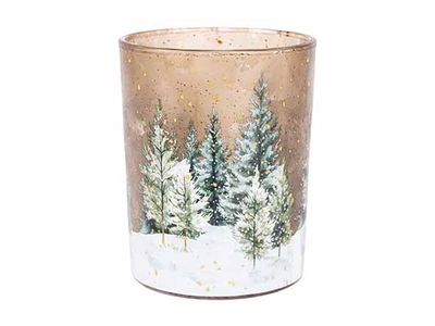 Theelichthouder Snow Tree Groen Wit  10x 10xh12,5cm Rond Glas