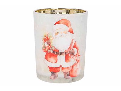 Theelichthouder Santa Rood Wit 10x10xh12 ,5cm Rond Glas
