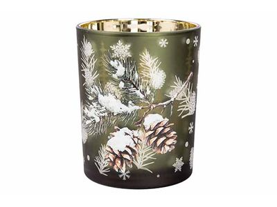 Theelichthouder Pine Cone Groen 10x10xh1 2,5cm Rond Glas