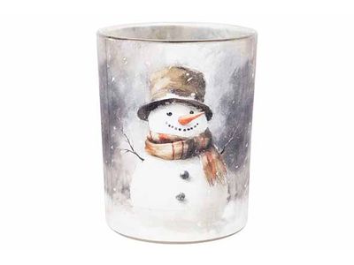 Theelichthouder Snowmen Bruin 10x10xh12, 5cm Rond Glas