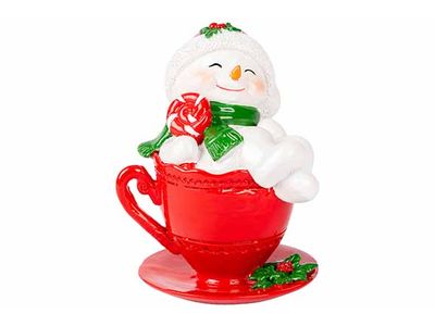 Sneeuwman In Cup Rood Wit 10x10xh13cm Po Lyresin