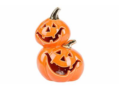 Pompoen X2 Led Oranje 13x10xh19cm Porsel Ein Incl 2lr44 Batt