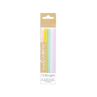 12 BOUGIES LONGUES TORSADEES PASTEL 12CM UE10 