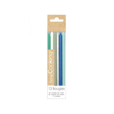 12 BOUGIES LONGUES BLEU & ARGENT 12CM UE  ScrapCooking