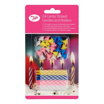 Bougies rayées happy birthday avec support 24 pcs 