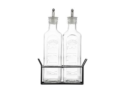 Set van 2 olieflessen uit glas met metalen houder zwart 600ml