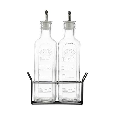 Set van 2 olieflessen uit glas met metalen houder zwart 600ml 