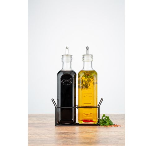 Set de 2 bouteilles d'huile en verre avec support métallique noir 600ml  Kilner