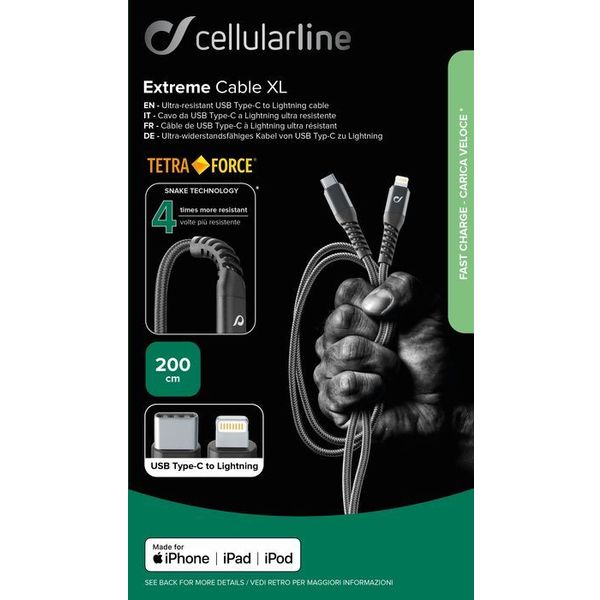 Cellularline Usb kabel kevlar usb-c naar Apple lightning 2m zwart