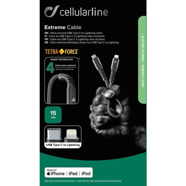 Cellularline Usb kabel kevlar usb-c naar Apple lightning 15cm zwart