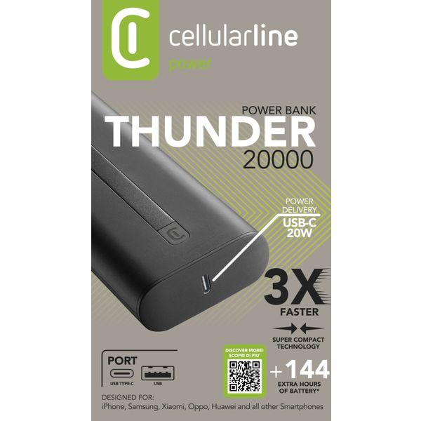 Cellularline Draagbare lader thunder 20000mAh usb-c zwart