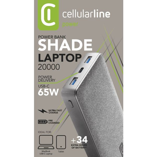 Cellularline Draagbare lader shade 20000mAh PD 65W voor laptop grijs