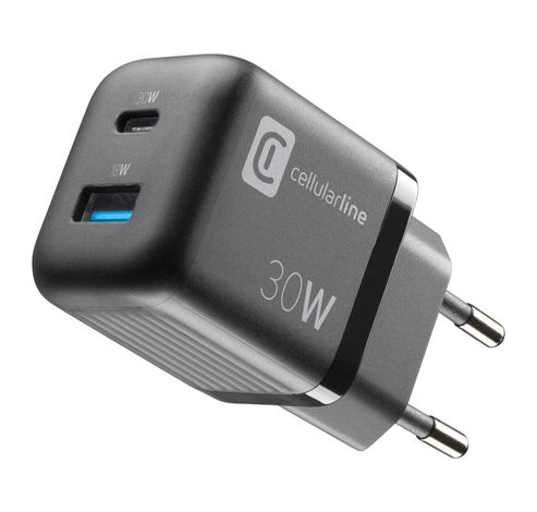 Reislader 30W GaN multipower micro USB-A + USB-C PD zwart  Cellularline