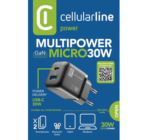 Reislader 30W GaN multipower micro USB-A + USB-C PD zwart  Cellularline